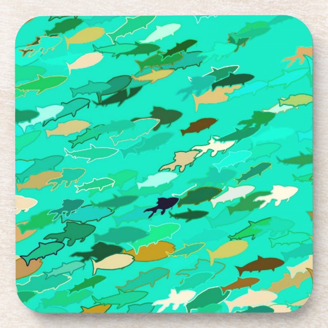 Dessous-de-verre École de Poisson, Aqua, Vert et Or (Devant)