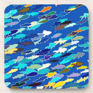 Dessous-de-verre École de poisson, bleu foncé, blanc et turquoise
