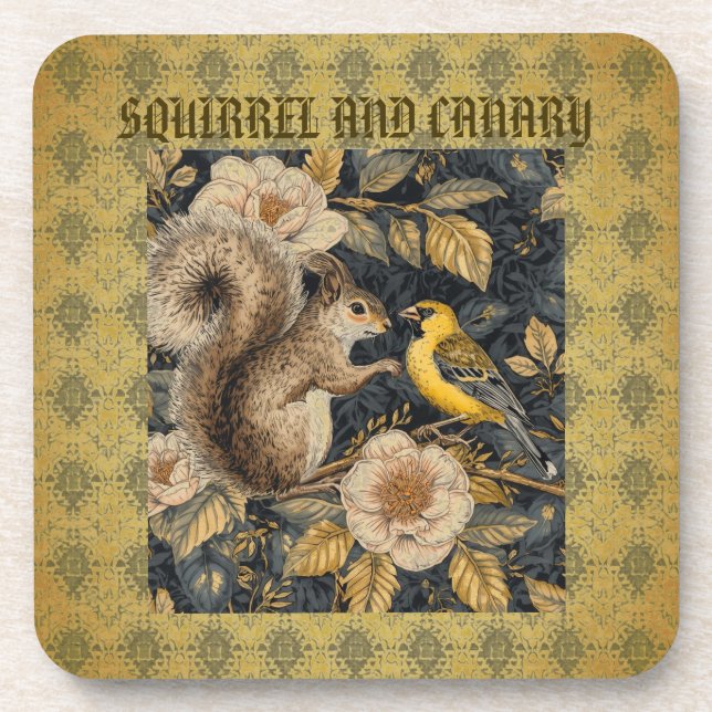 Dessous-de-verre Écureuil et Canari Jaune avec Motif Fleurs (Devant)