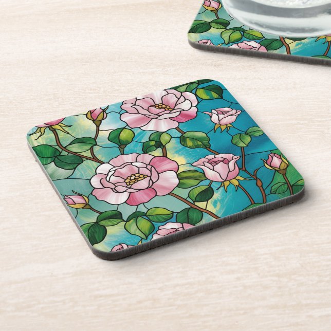 Dessous-de-verre Effet de vitrail floral Fleurs roses Botanique (Côté gauche)