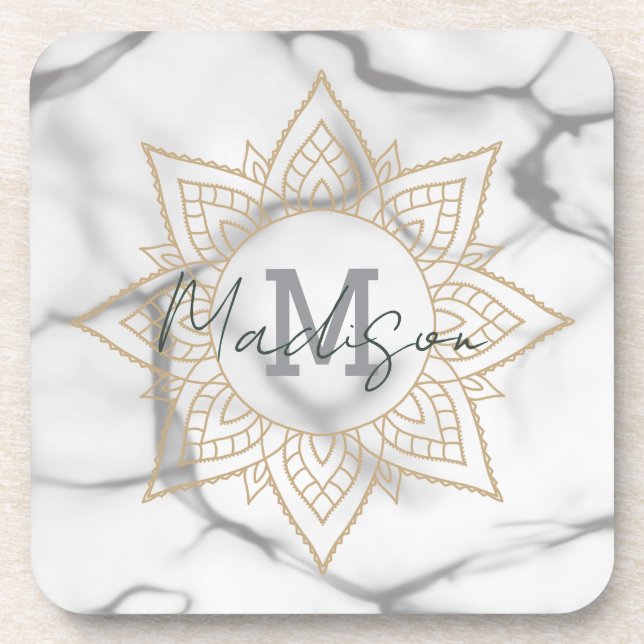 Dessous-de-verre Effet Gris et Marbre blanc Or Mandala Monogramme (Devant)