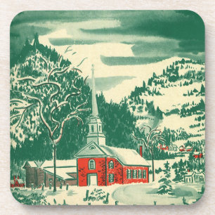 Dessous-de-verre Église de Noël vintage, paysage enneigé en hiver