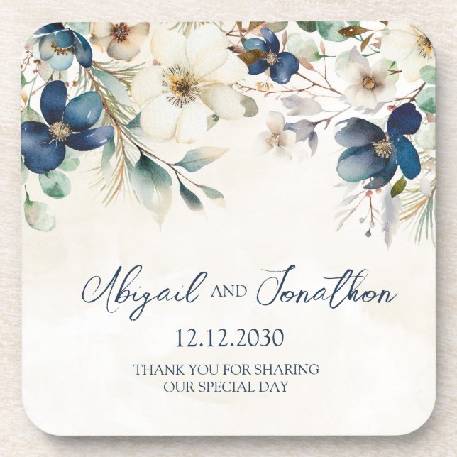 Dessous-de-verre Elegant Blue Floral Winter Wedding (Devant)