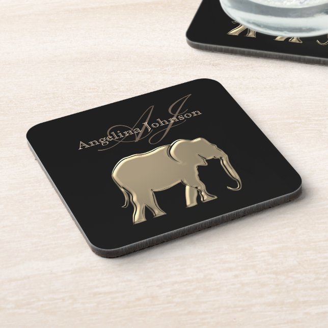 Dessous-de-verre Élégant Éléphant Noir et Or Monogrammé Moderne (Côté gauche)