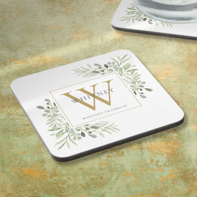 Dessous-de-verre Élégant Monogramme de Luxe avec Feuillage Moderne (Gold Monogram Elegant Modern Greenery Beverage Coaster)