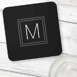 Dessous-de-verre Élégant monogramme initial double bordure gris noi<br><div class="desc">Dessous de verre avec votre original monogramme en blanc à l'intérieur d'une double bordure carré gris foncé sur un arrière - plan noir.</div>