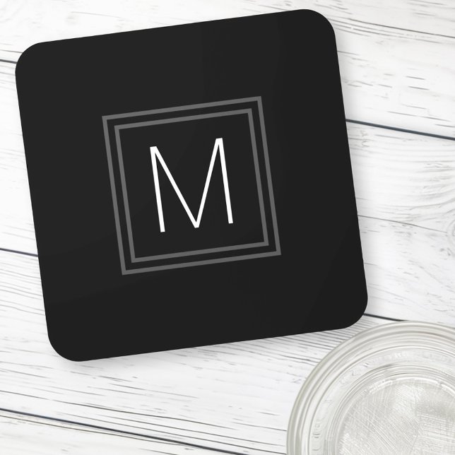 Dessous-de-verre Élégant monogramme initial double bordure gris noi (Elegant monogram initial double gray border black beverage coaster)