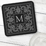 Dessous-de-verre Élégant monogramme initial noir gris orange bordur<br><div class="desc">Dessous de verre couleur noir et gris ou personnalisé avec votre monogramme initial à l'intérieur d'une bordure fleurie ornée.</div>