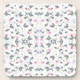 Dessous-de-verre élégant papillon et fleurs rose et bleu moderne