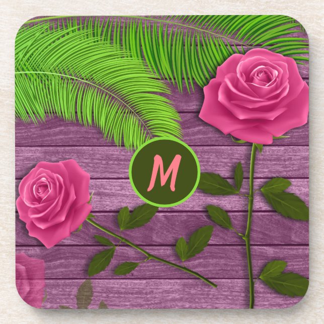 Dessous-de-verre Elegant & Romantic Monogram Pink Roses Wood BG (Devant)