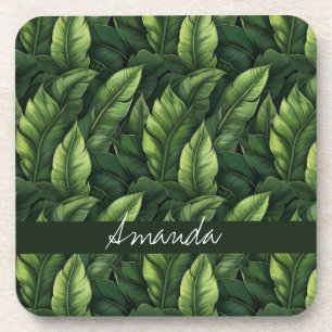 Dessous-de-verre Elégante aquarelle verte Banane feuille avec nom