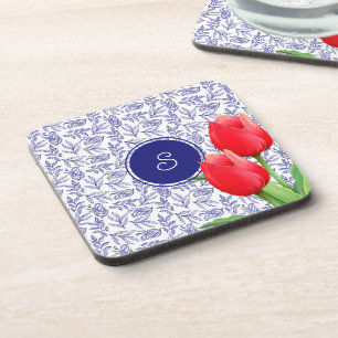 Dessous-de-verre Élégantes Tulipes Rouges Printemps Floral Blue Mon