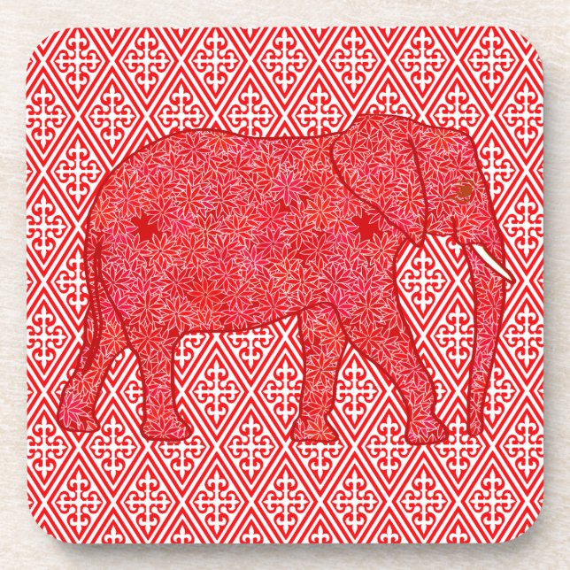 Dessous-de-verre Eléphant de fleurs - rouge profond et corail (Devant)