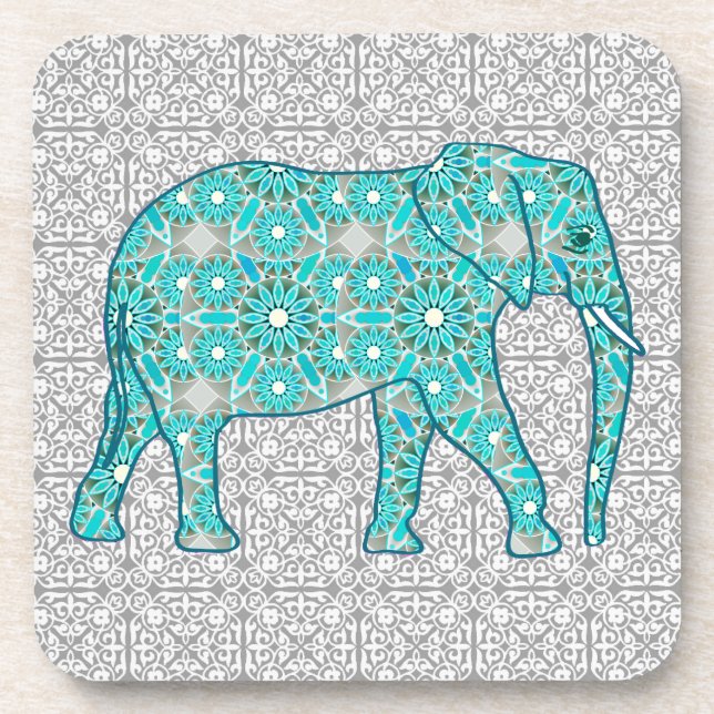 Dessous-de-verre Eléphant fleur Mandala - turquoise, gris & blanc (Devant)