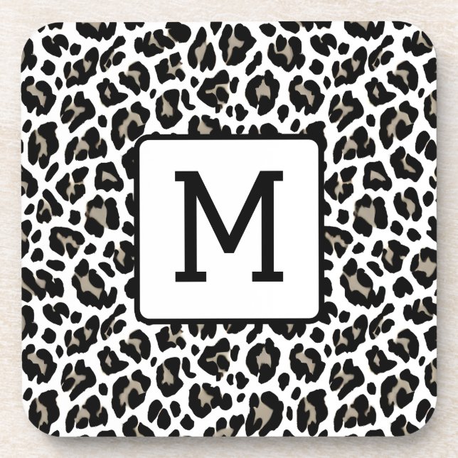 Dessous-de-verre Empreinte de léopard monogramme noir et blanc (Devant)