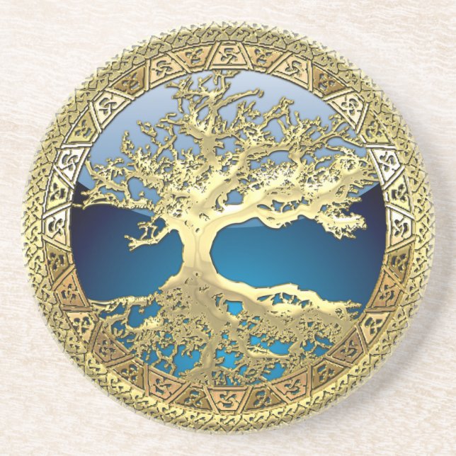 Dessous De Verre En Grès [26] Golden Celtic Tree of Life (Devant)