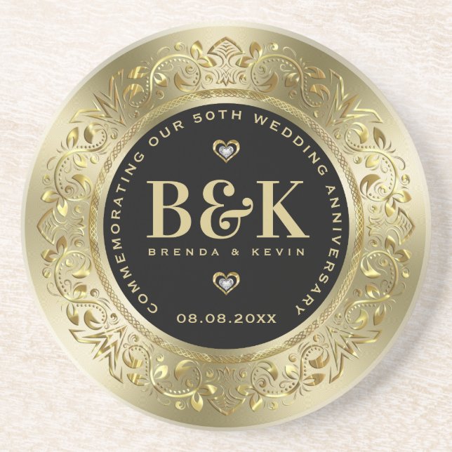 Dessous De Verre En Grès 50e anniversaire du Mariage Gold Frame (Devant)