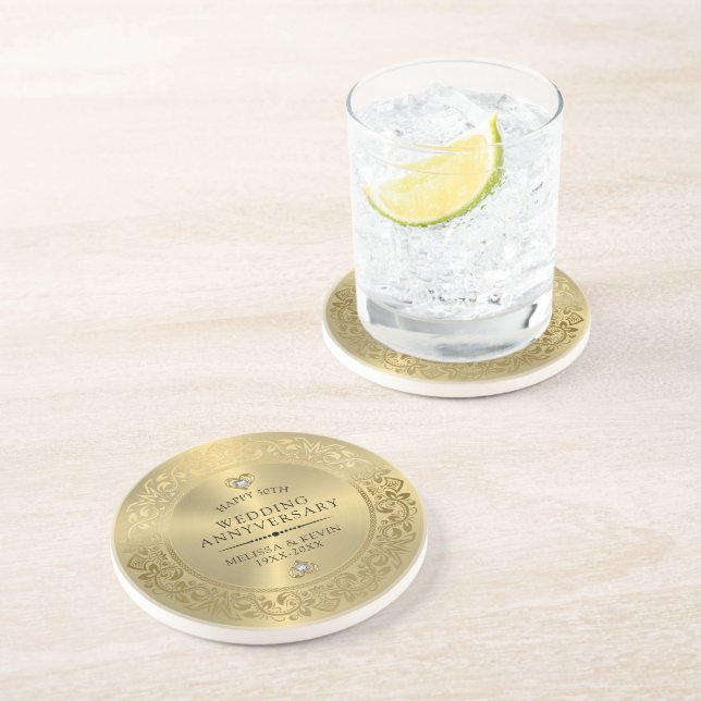 Dessous De Verre En Grès 50e anniversaire Mariage Frame or floral brillant (Côté)