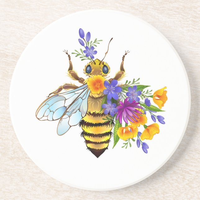 Dessous De Verre En Grès Abeille à fleurs avec plantes sauvages (Devant)
