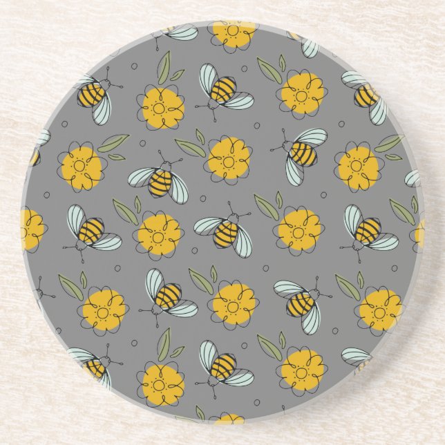 Dessous De Verre En Grès Abeilles & Boutons d'or sur gris  (Devant)