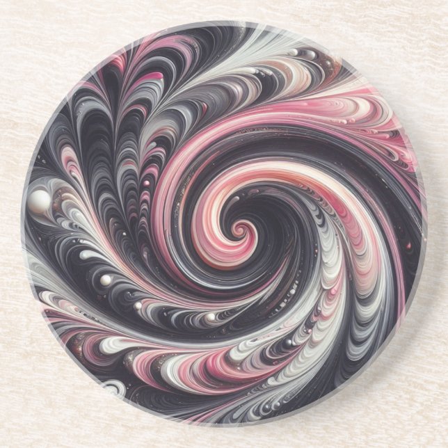 Dessous De Verre En Grès Abstrait Moderne Tourbillonnant Rose, Noir et Blan (Devant)