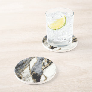 Dessous De Verre En Grès Abstrait noir gris blanc marbre or