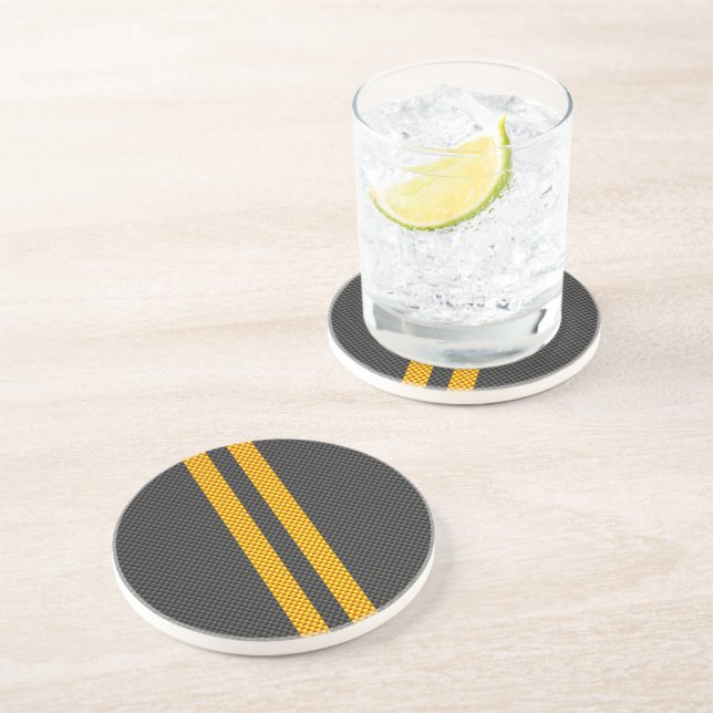 Dessous De Verre En Grès Accent Yellow Racing Stripes Carbon Fiber Style (Côté)