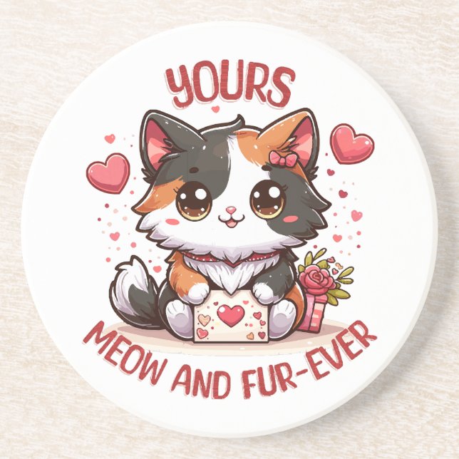 Dessous De Verre En Grès Adorable chat calico Saint-Valentin  (Devant)