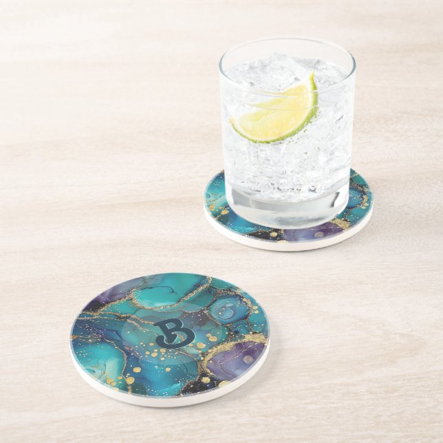 Dessous De Verre En Grès Aesthetic Turquoise & Gold Flowing Marble (Côté)