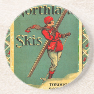 Dessous De Verre En Grès Affiche vintage de ski, skis de la terre du nord