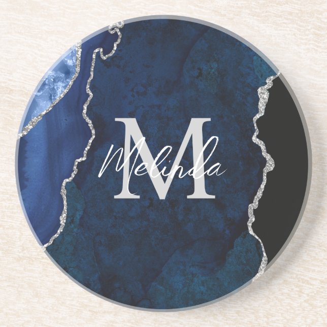 Dessous De Verre En Grès Agate Marbré Bleu Nuit et Argent (Devant)