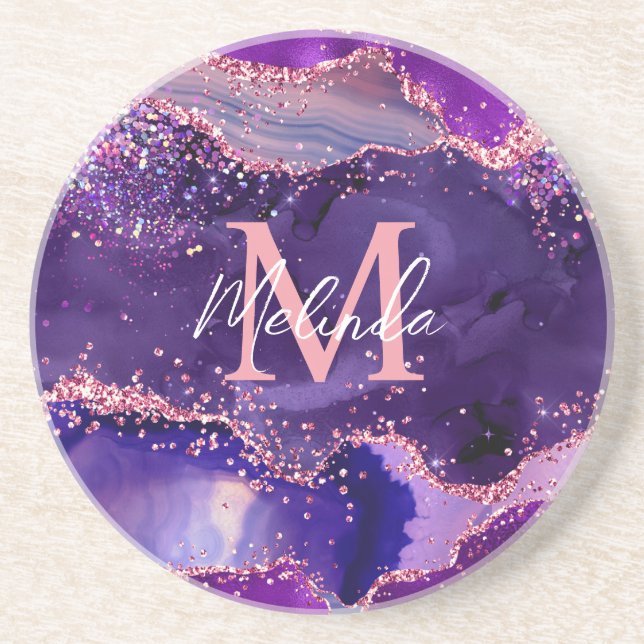Dessous De Verre En Grès Agate Pailleté Violet Foncé et Rose (Devant)