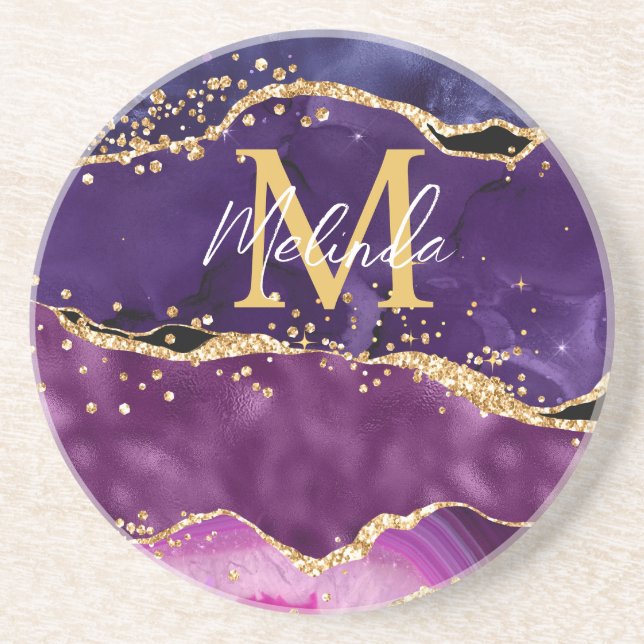 Dessous De Verre En Grès Agate Paillettes Violet Foncé et Or (Devant)