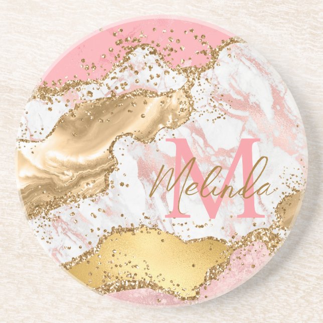 Dessous De Verre En Grès Agate sequins or et rose (Devant)