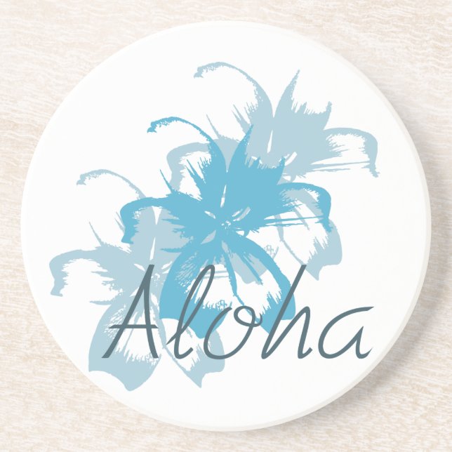 Dessous De Verre En Grès Aloha Aqua Blue Floral fleurs tropicales Hawaiian  (Devant)