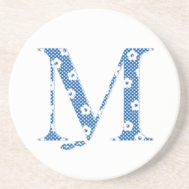 Dessous De Verre En Grès alphabet fleuri M (bleu et points) (Devant)