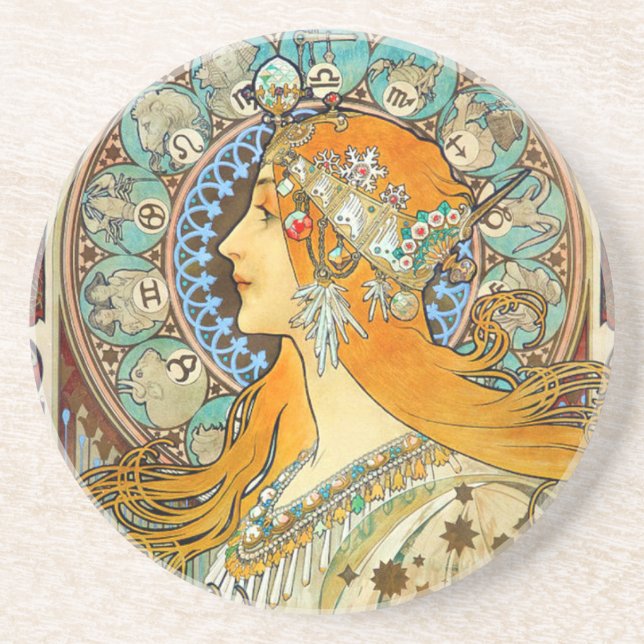 Dessous De Verre En Grès Alphonse Mucha Art Nouveau Zodiac (Devant)