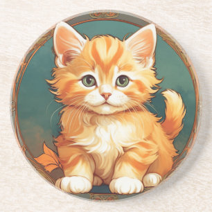 Dessous De Verre En Grès Alphonse Mucha Style Chat orange