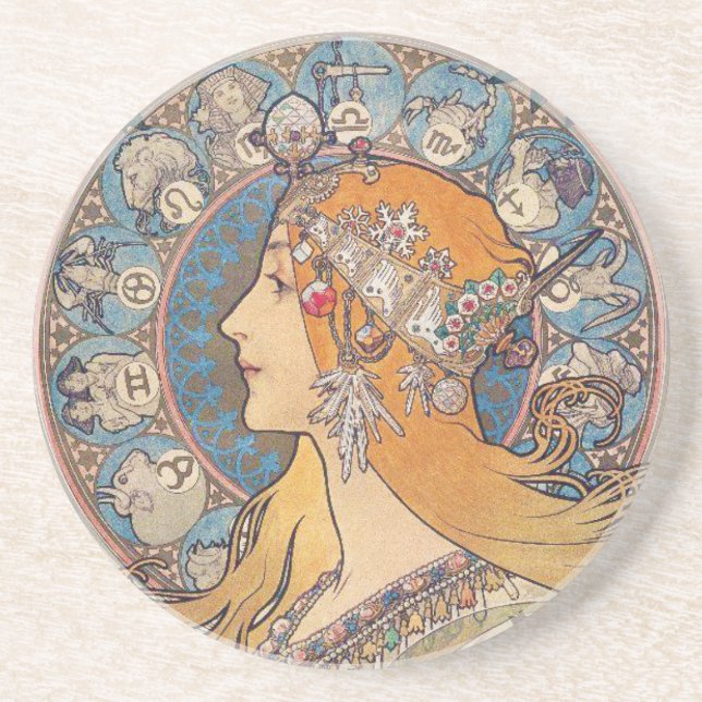 Dessous De Verre En Grès Alphonse Mucha , “Zodiac” (Devant)