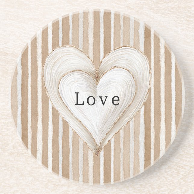 Dessous De Verre En Grès Amour Brun Rayures Coeur Crème Romantique (Devant)