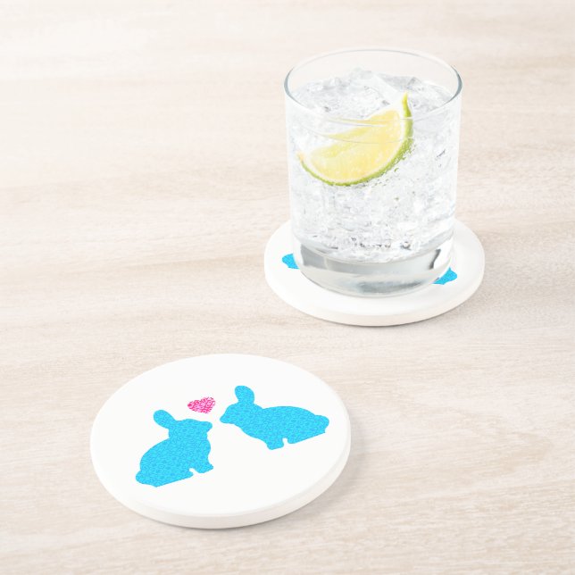 Dessous De Verre En Grès Amour lapin bleu et rose (Côté)