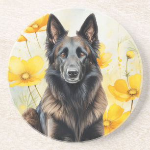 Dessous De Verre En Grès Amoureux du chien Tervuren belge et Coquelicots