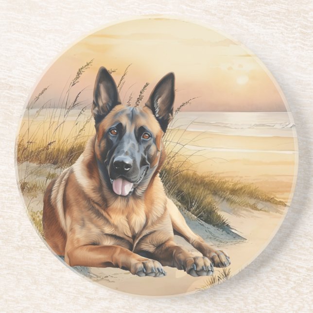 Dessous De Verre En Grès Amoureux du Malinois belge Plage de sable (Devant)