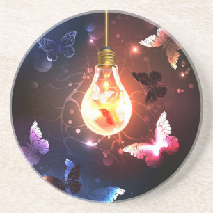 Dessous De Verre En Grès Ampoule lumineuse avec papillons nocturnes