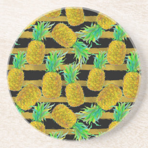 Dessous De Verre En Grès Ananas d'or sur des rayures
