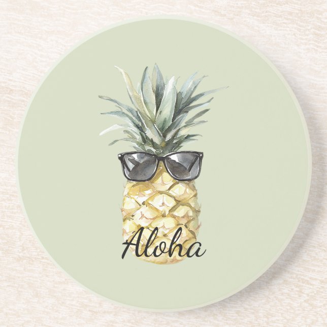 Dessous De Verre En Grès Ananas Tropical Aloha avec Lunettes de Soleil (Devant)