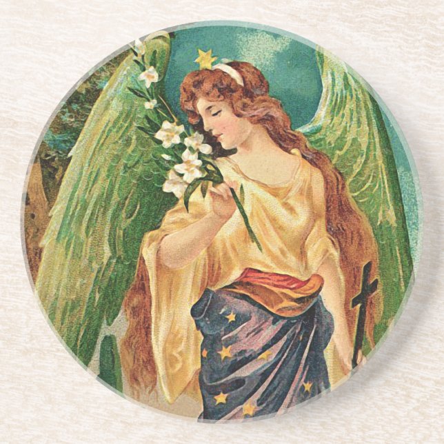 Dessous De Verre En Grès Angel tenant une branche florale (Devant)