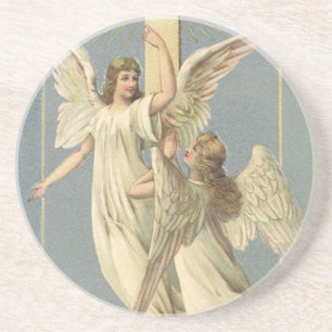 Dessous De Verre En Grès Anges victoriens avec une croix, Pâques vintage