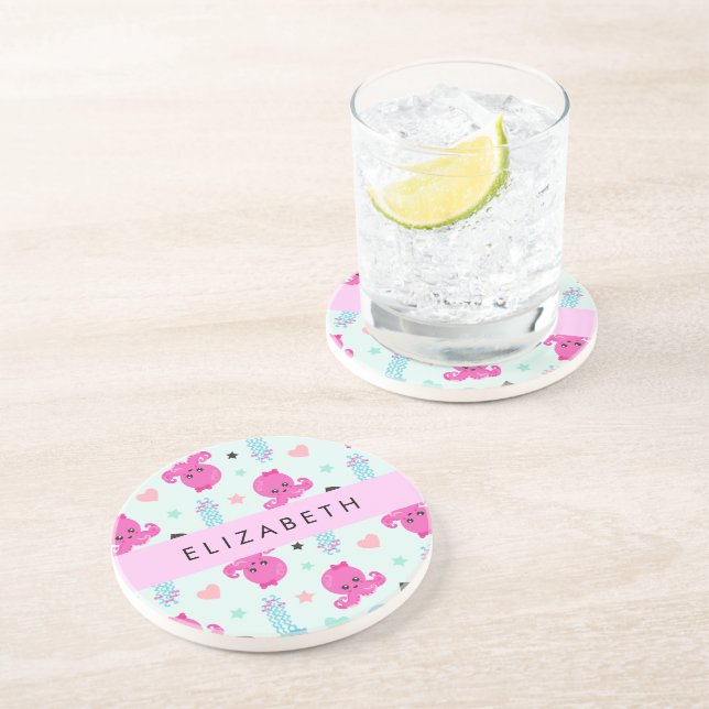 Dessous De Verre En Grès Animaux de mer, poulpe, méduse, Coeurs, Votre nom (Côté)