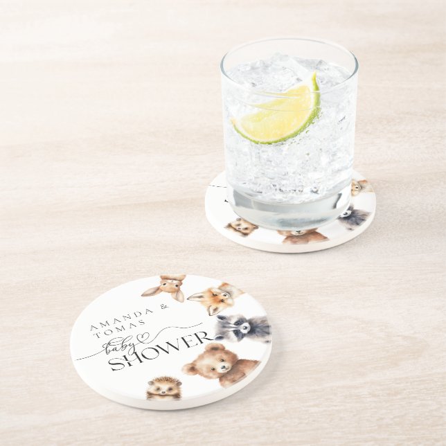 Dessous De Verre En Grès Animaux des bois Baby shower moderne (Côté)
